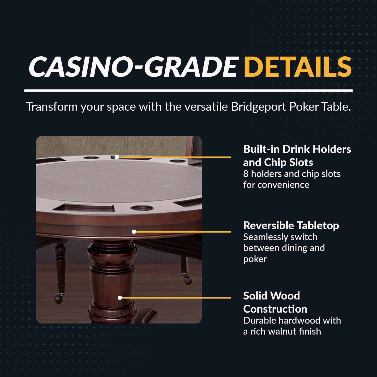 Bridgeport Poker Table with features highlighted on a dark background