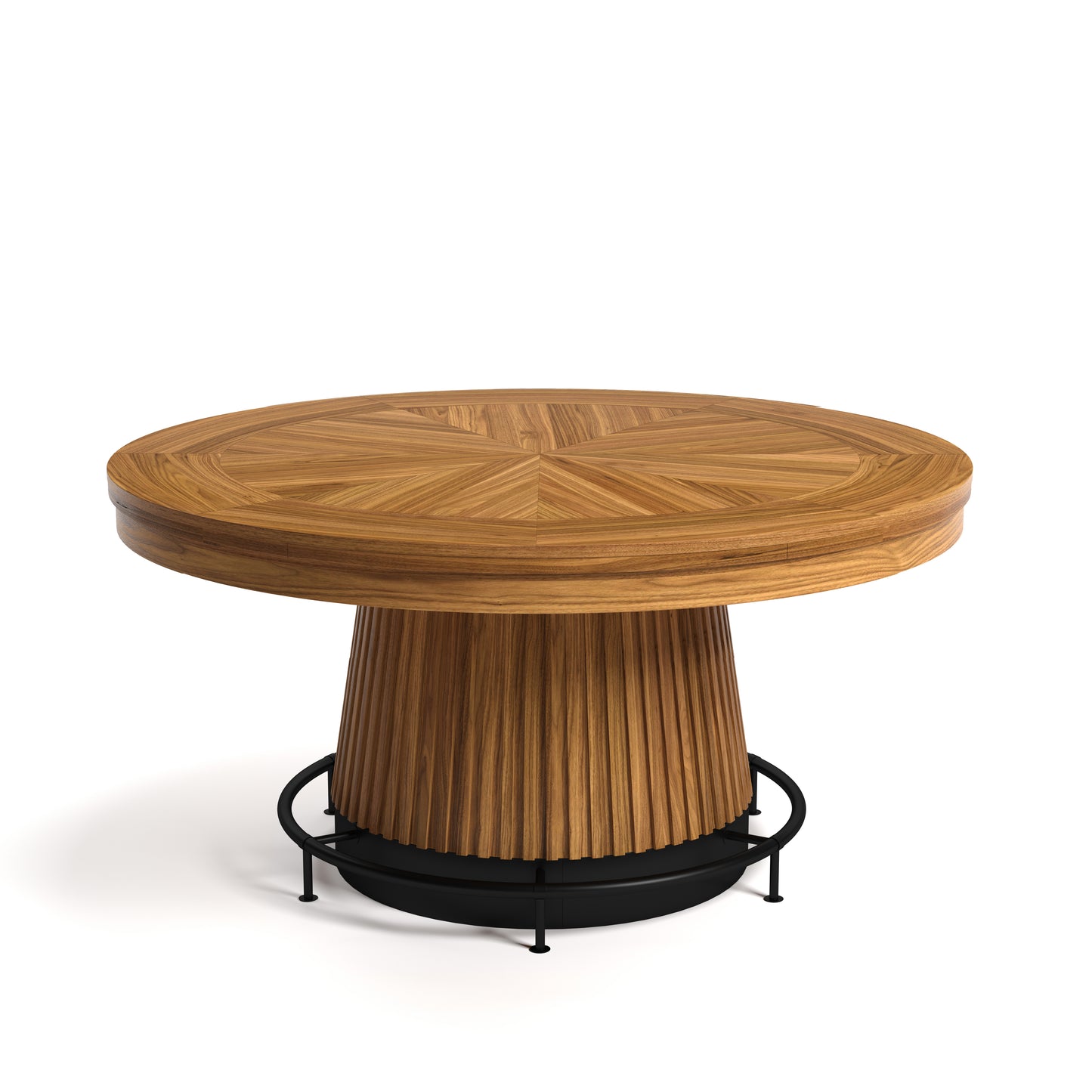 Round walnut poker table with fluted pedestal base and black metal footrest