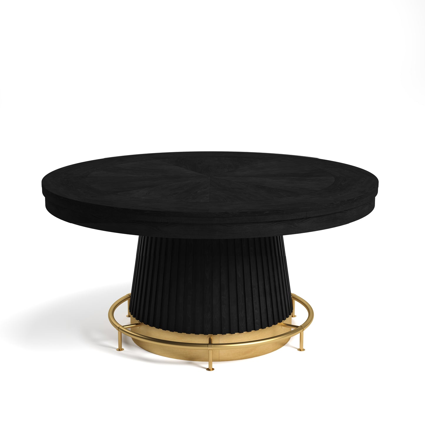 Round black poker table with fluted base and gold metal footrest on white background