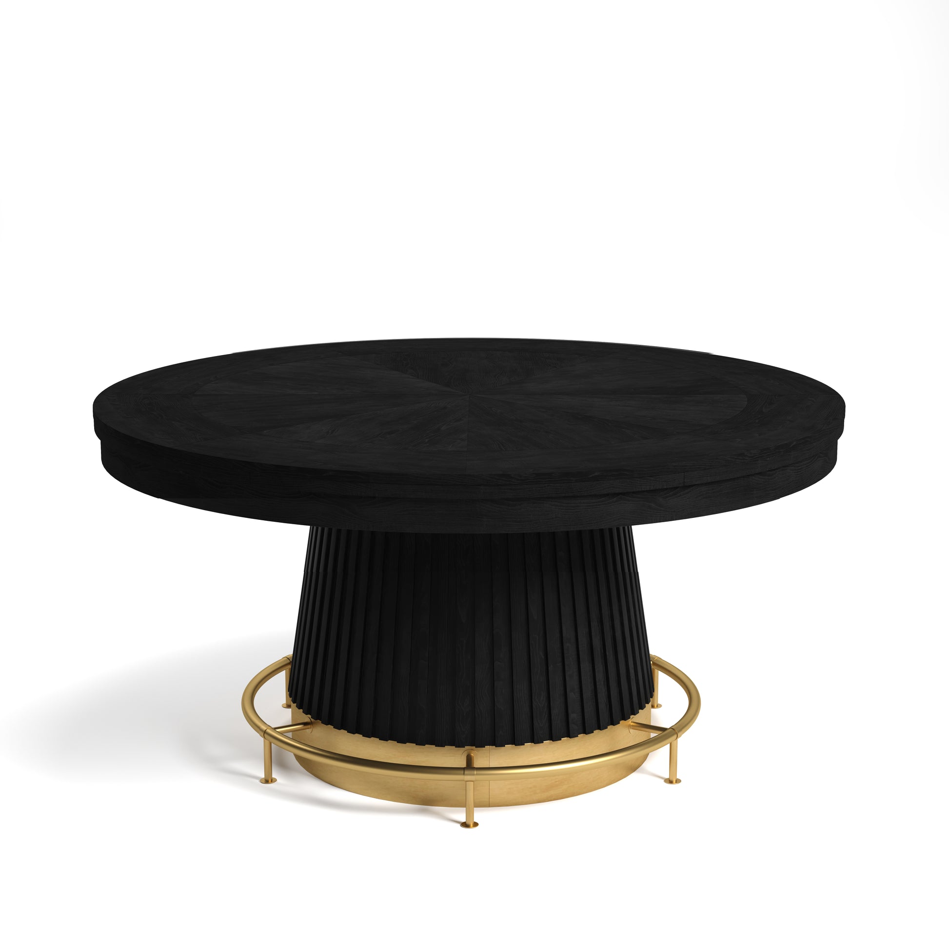 Round black poker table with fluted base and gold metal footrest on white background