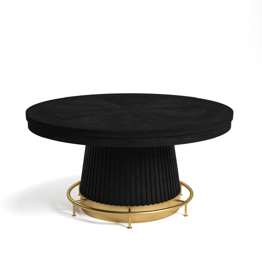 Round black poker table with fluted base and gold metal footrest on white background