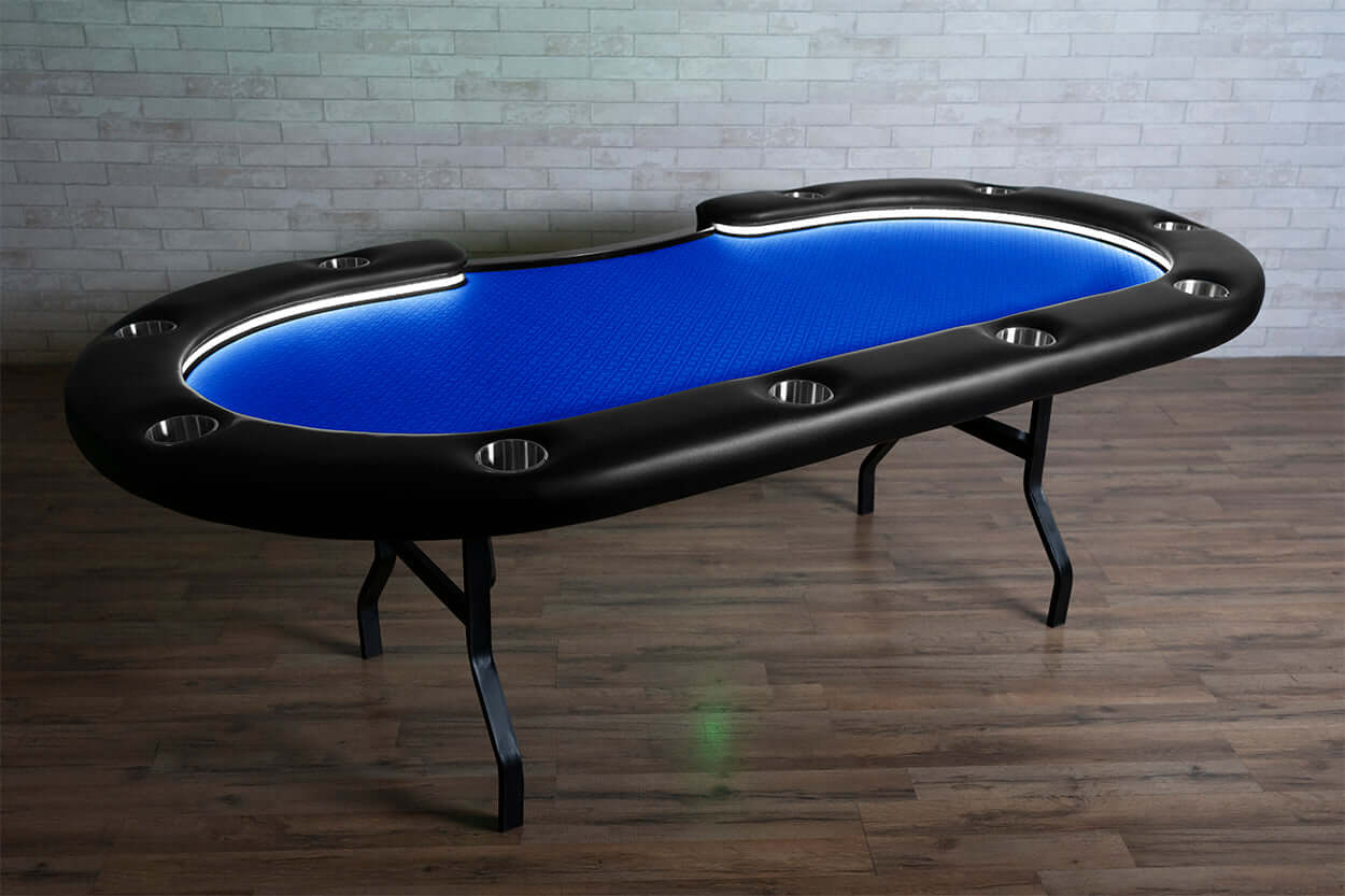 Blue Suited Water Resistant - Aces Pro Alpha (LED) - BBO Poker Tables- 11-Player Aces Pro Alpha Table with Dedicated Dealer Position Blue Water Resistant Felt Side View