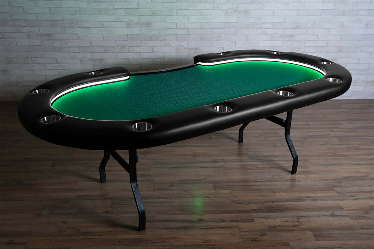 Green Suited Water Resistant - Aces Pro Alpha (LED) - BBO Poker Tables- 11-Player Aces Pro Alpha Table with Dedicated Dealer Position Green Water Resistant Felt Side View