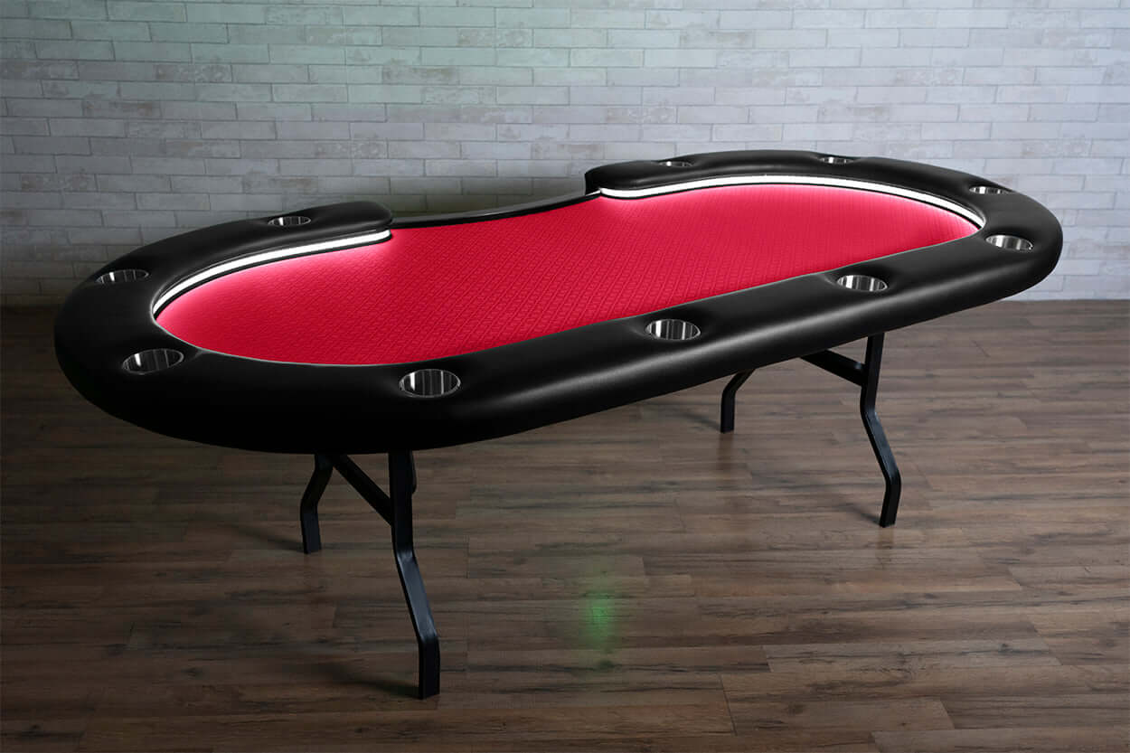 Red Suited Water Resistant - Aces Pro Alpha (LED) - BBO Poker Tables- 11-Player Aces Pro Alpha Table with Dedicated Dealer Position Red Water Resistant Felt Side View
