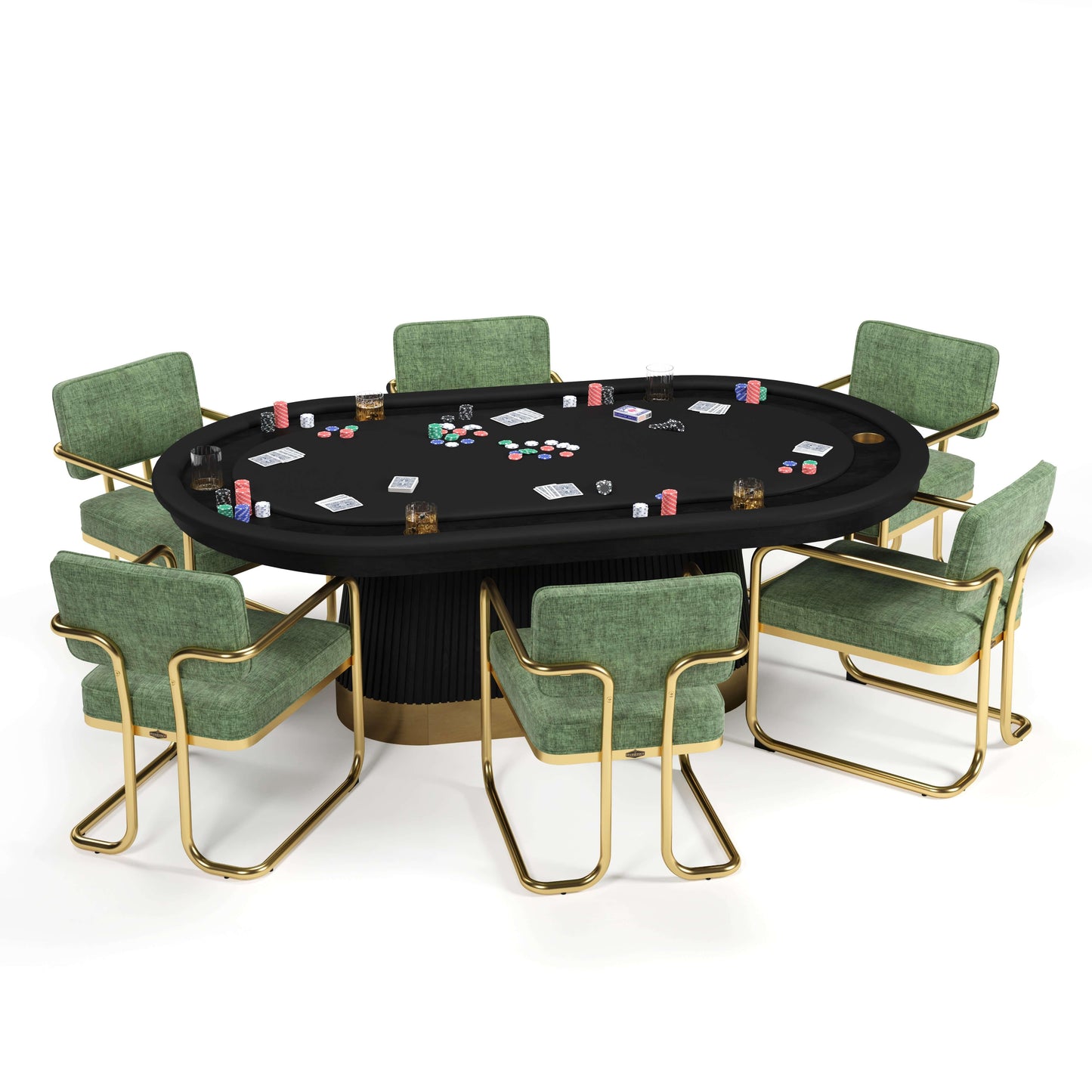84 Inch Prohibition Estate Poker Table in Matte Black with Black Trim and Green Dining Chairs and Poker Top