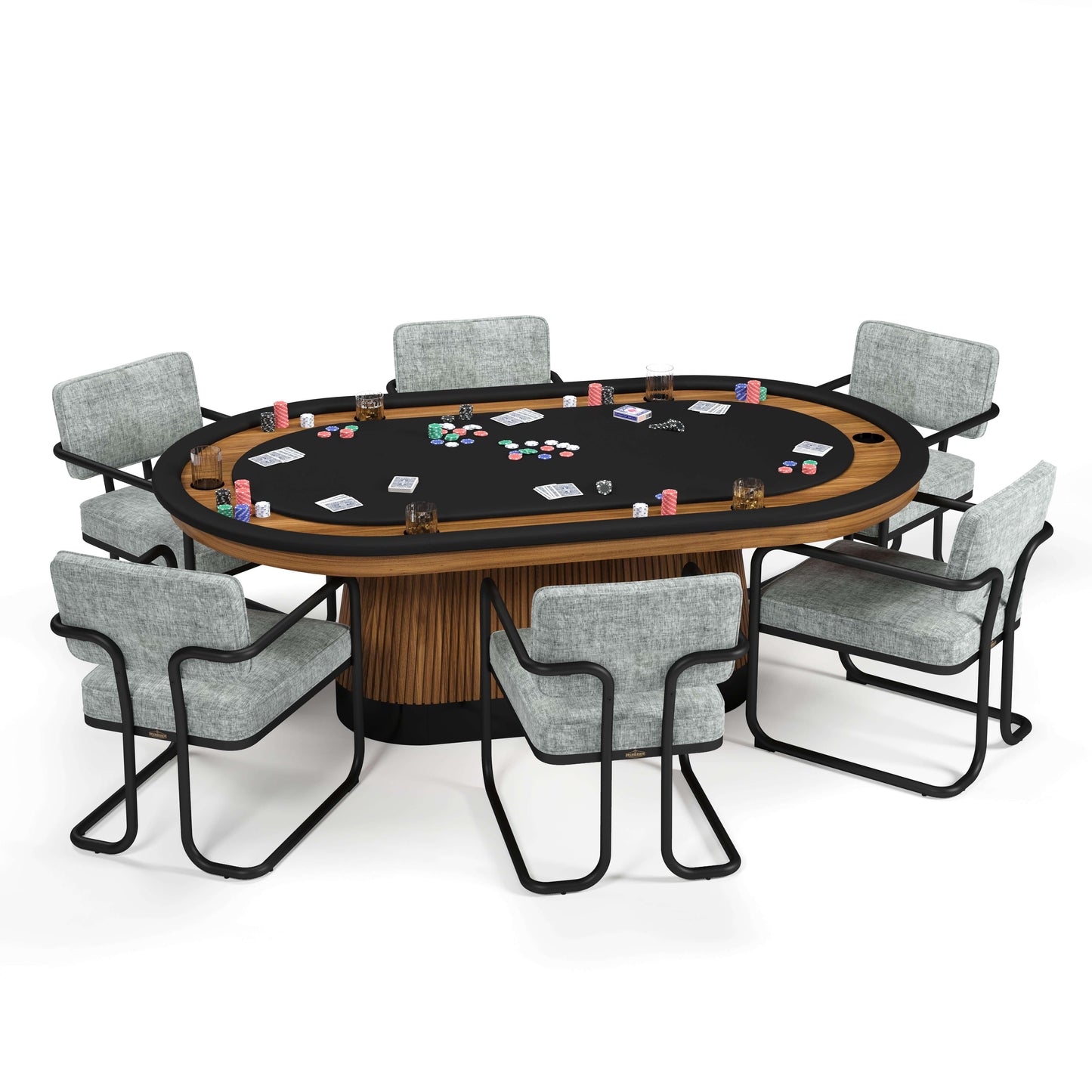 84 Inch Prohibition Estate Poker Table in Matte Walnut with Black Trim Poker Top and Grey Chairs