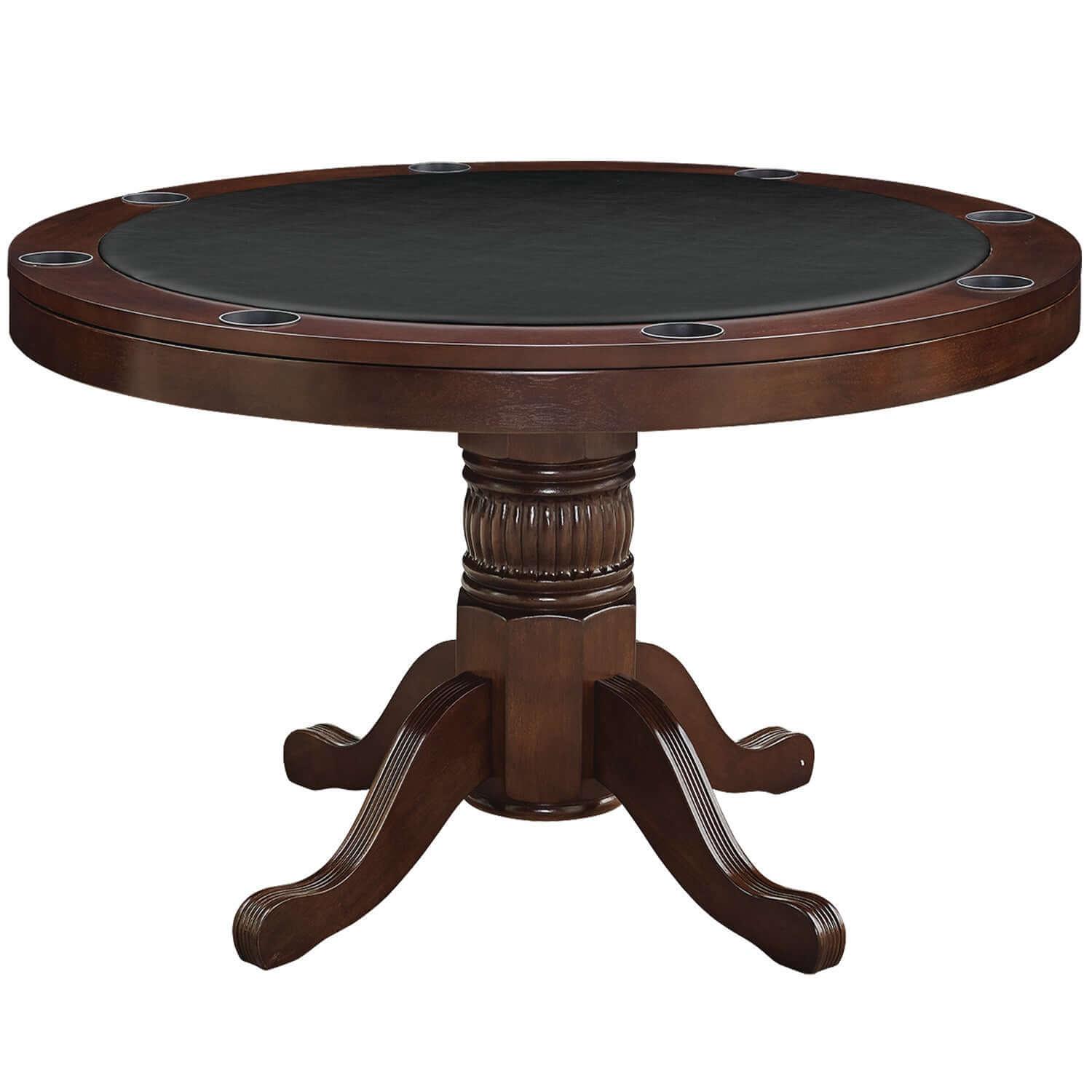 48" Convertible Dining Poker Table — 48" Inch Round Wood Dining Table in Cappuccino Finish - Poker Mode for RAM Game Room Table
