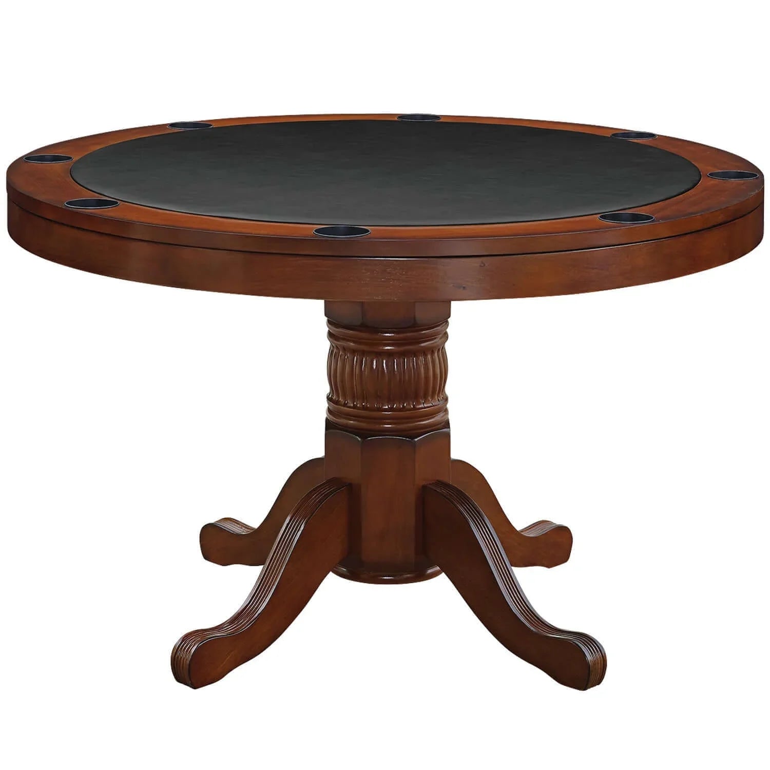 48" Convertible Dining Poker Table — 48" Inch Round Wood Dining Table in Chestnut Finish - Poker Mode for RAM Game Room Table
